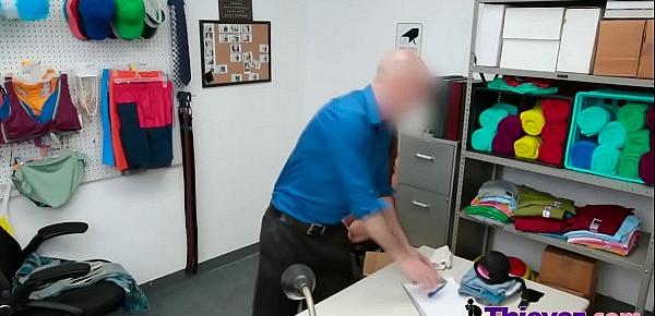  Spycam records a hardcore fuck in the office with a horny shoplifter teen.